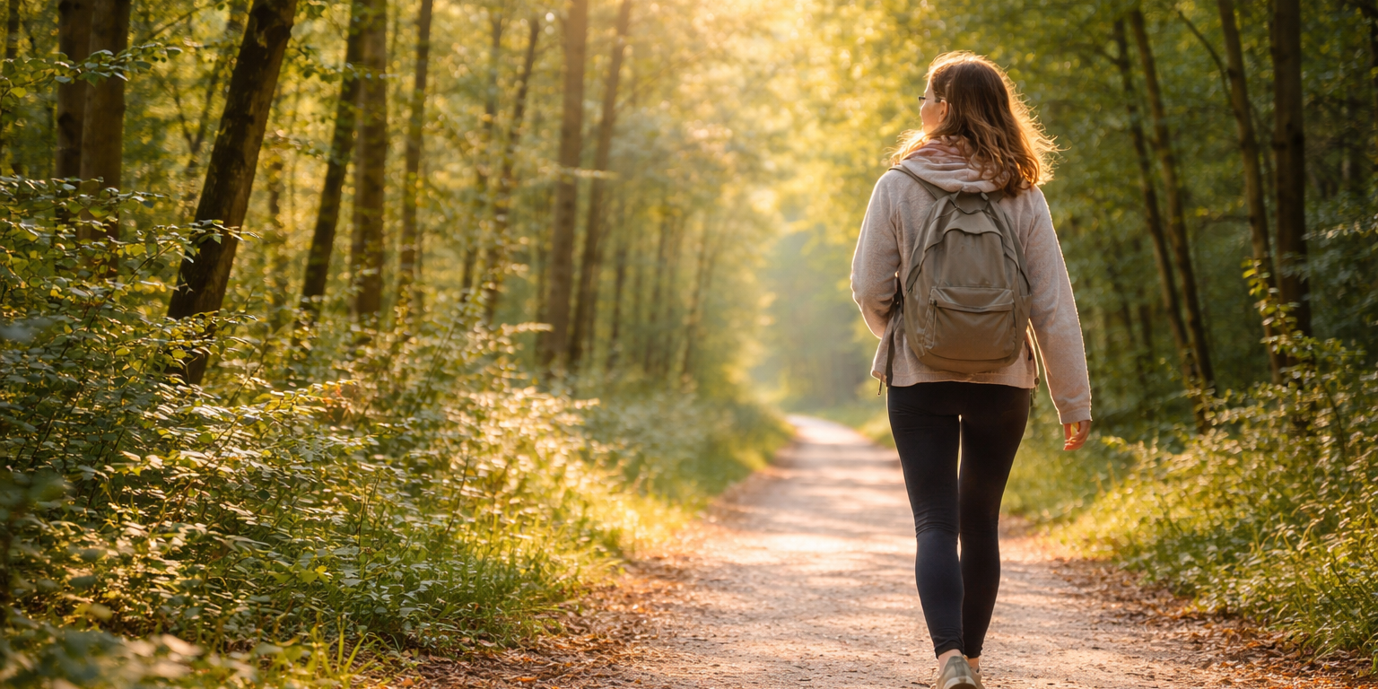 Vrouw wandelt in bos. Zelfliefde