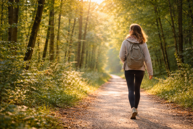 Vrouw wandelt in bos Vrouw wandelt in bos. Zelfliefde