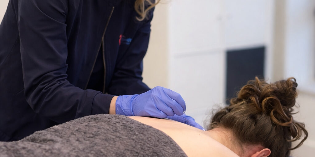 Fysiotherapeut past dry needling toe op bovenrug patient